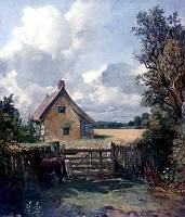 print from constable painting cottage in a cornfield